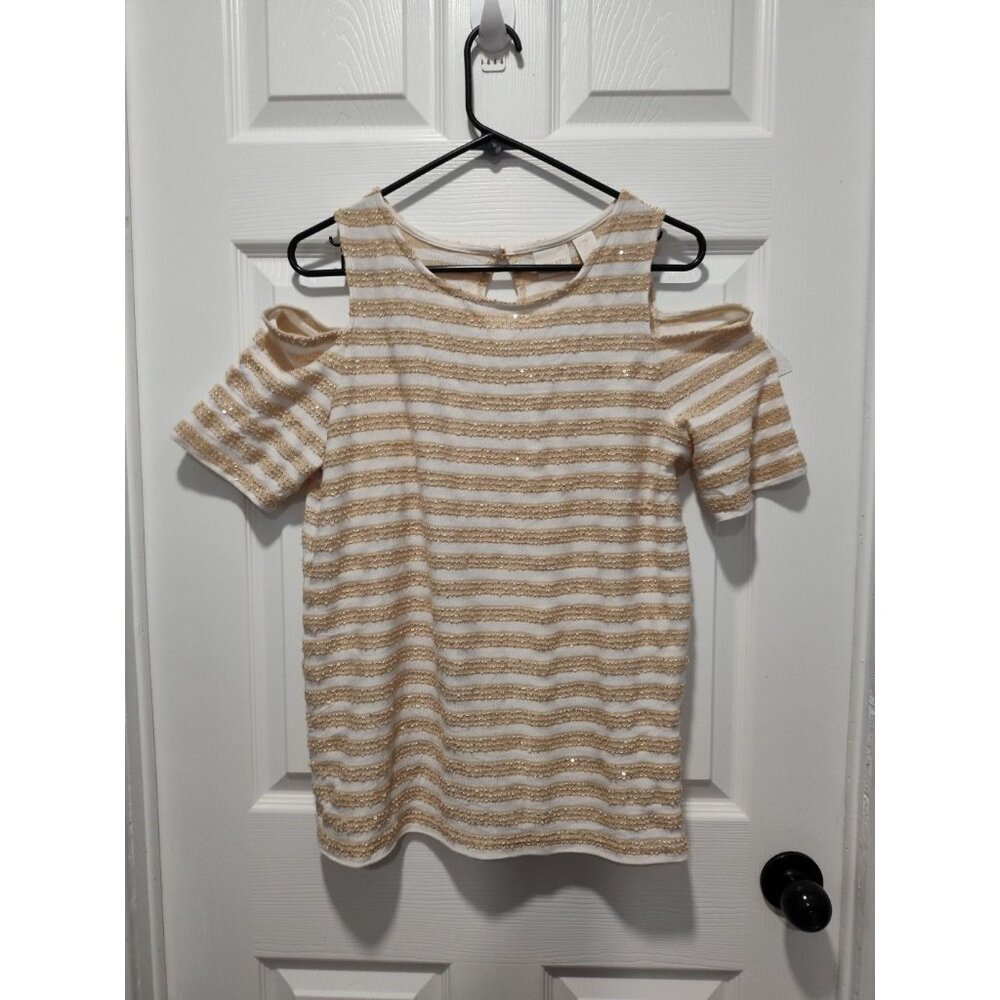 Chicos Top Womens Striped Sequin Cold Shoulder Embellished Knit‎ Blouse Size 2